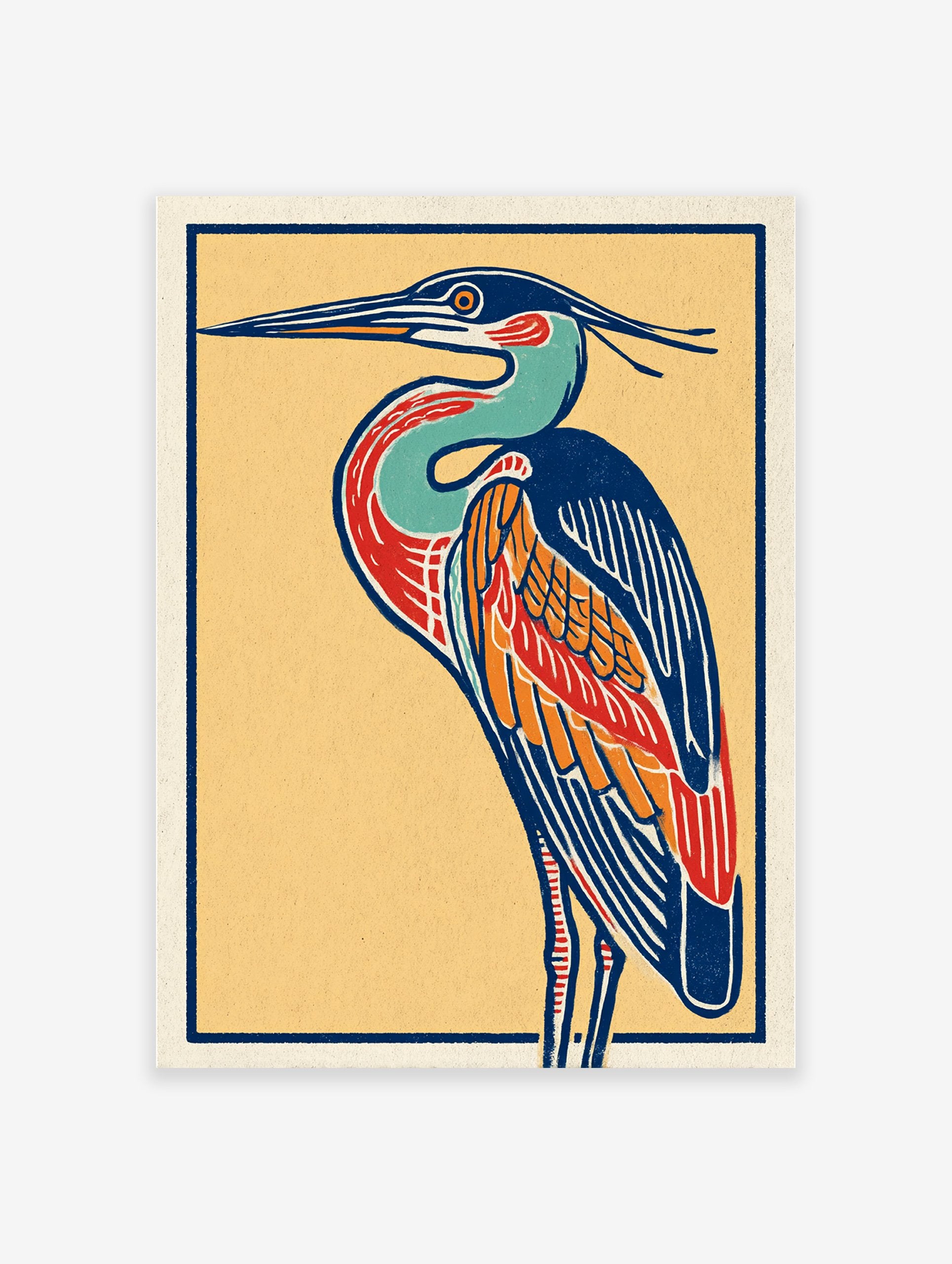 Colorful illustrative heron bird art print with blue, red, orange, and yellow on a textured paper background.