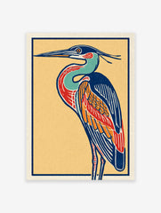 Colorful illustrative heron bird art print with blue, red, orange, and yellow on a textured paper background.