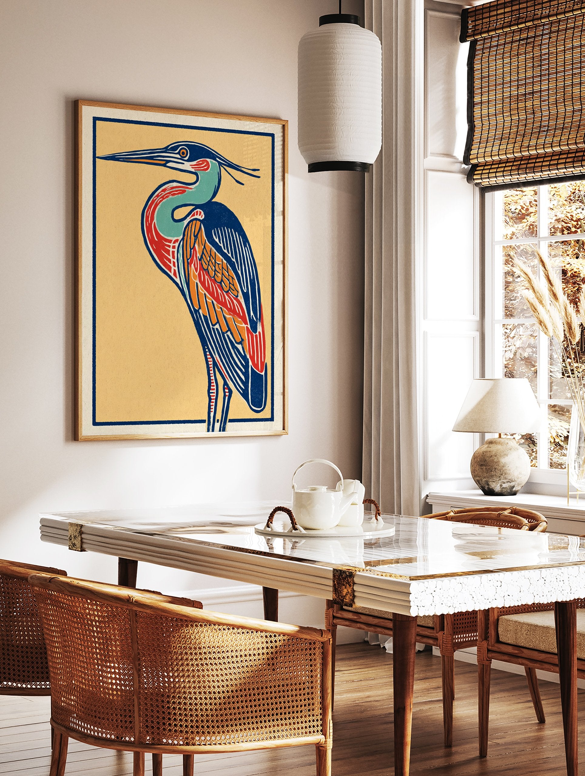 Colorful illustrative heron bird art print with blue, red, orange, and yellow on a textured paper background. - Image 2