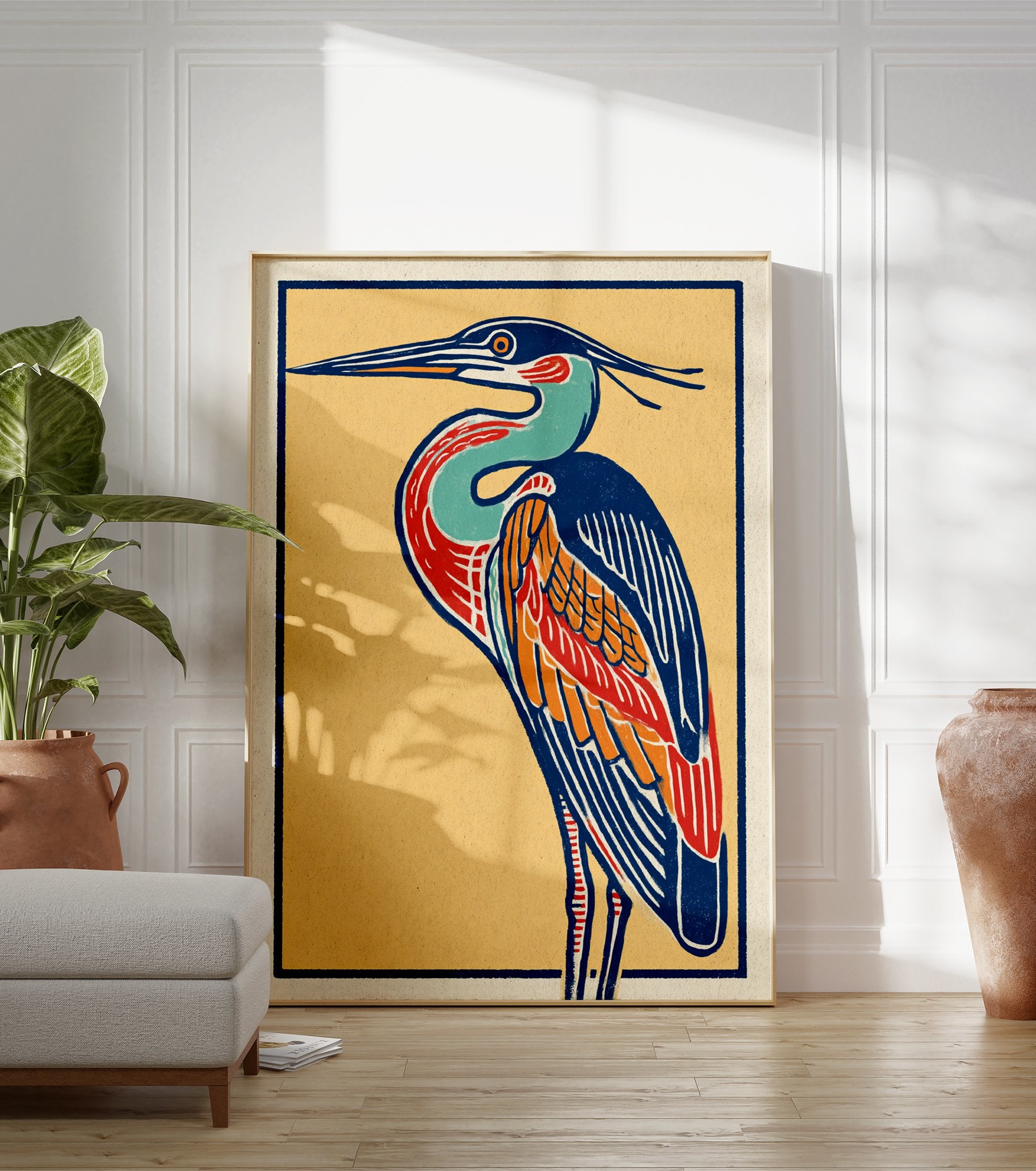 Colorful illustrative heron bird art print with blue, red, orange, and yellow on a textured paper background. - Image 3