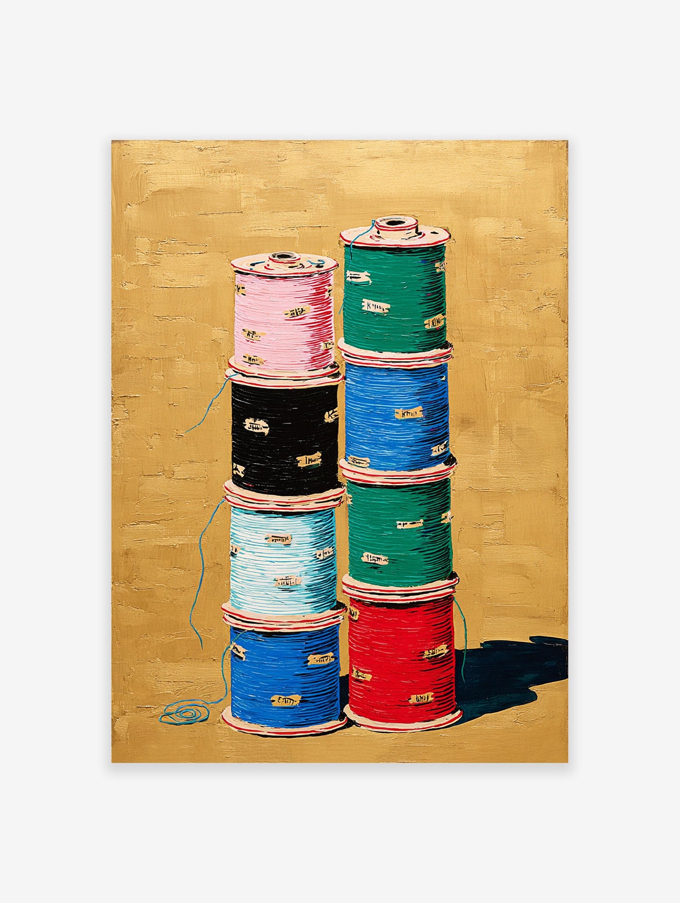 Vibrant thread spool wall art painting: two stacks of colorful spools (pink, black, blue, green, red) on a textured gold background.