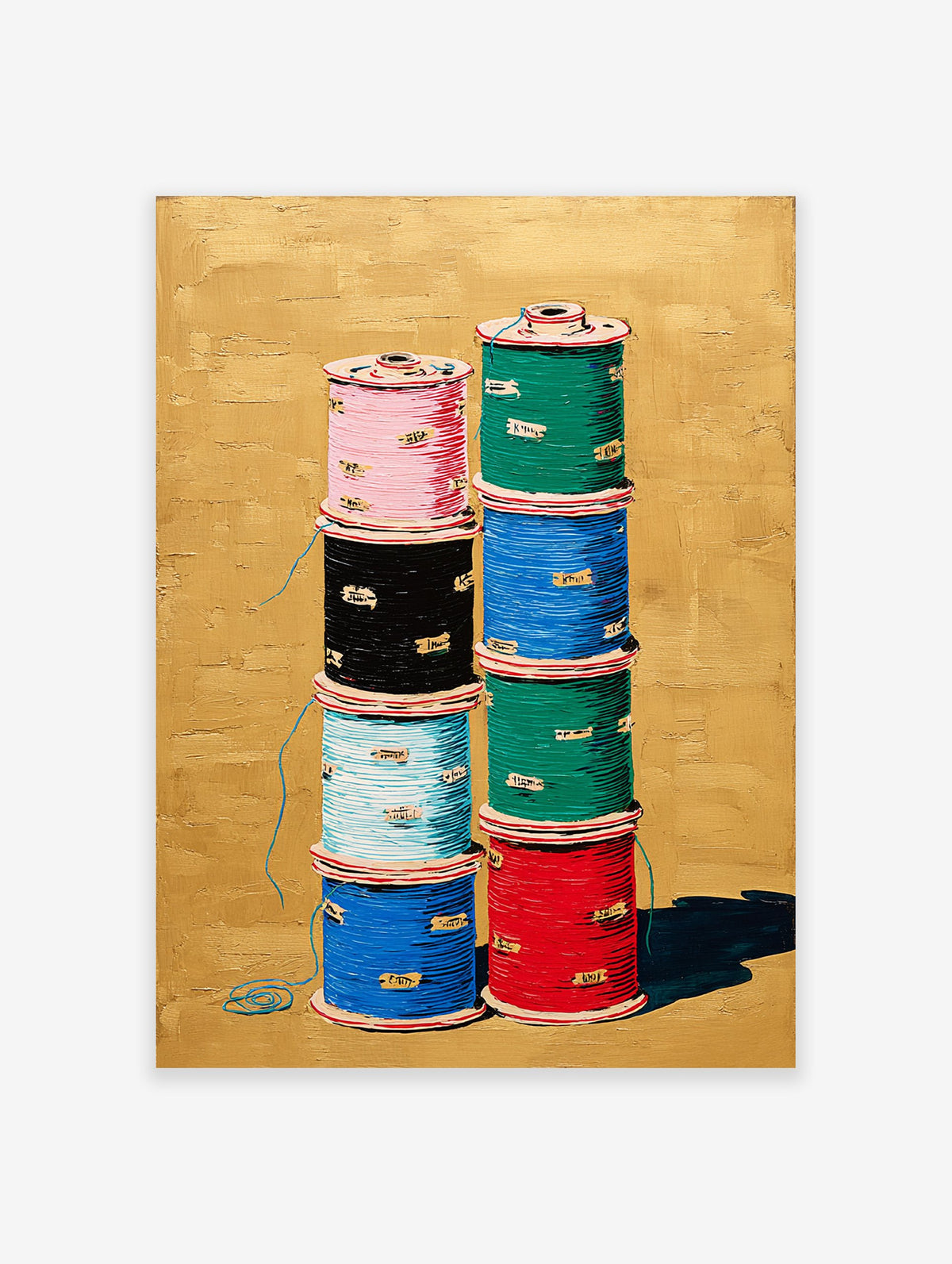 Vibrant thread spool wall art painting: two stacks of colorful spools (pink, black, blue, green, red) on a textured gold background.