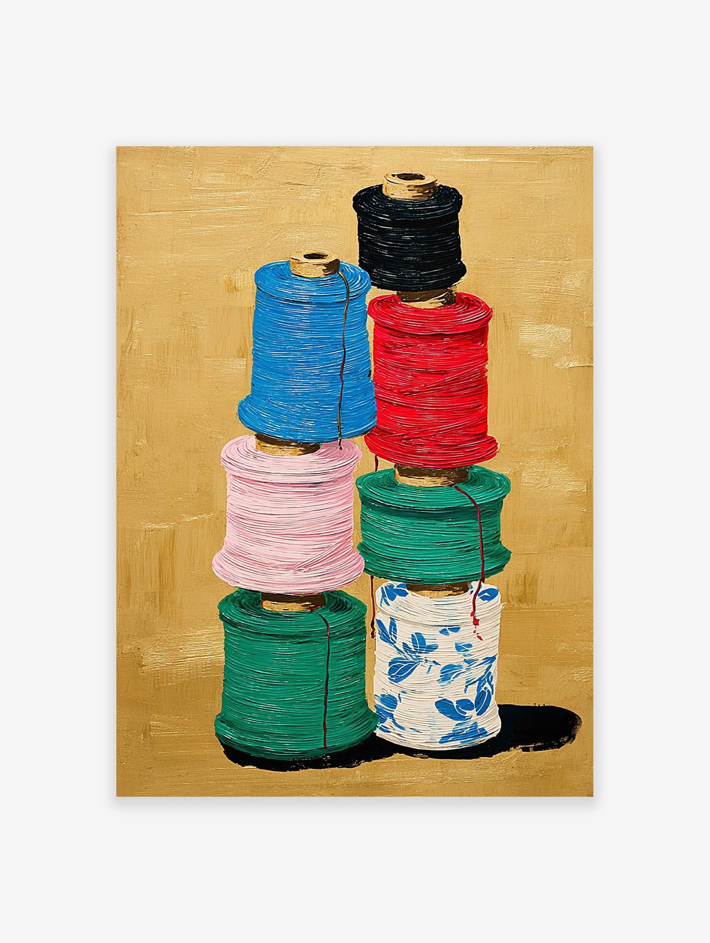 Colorful thread spools art painting stacked on a gold background, featuring blue, red, pink, green, and patterned white spools.