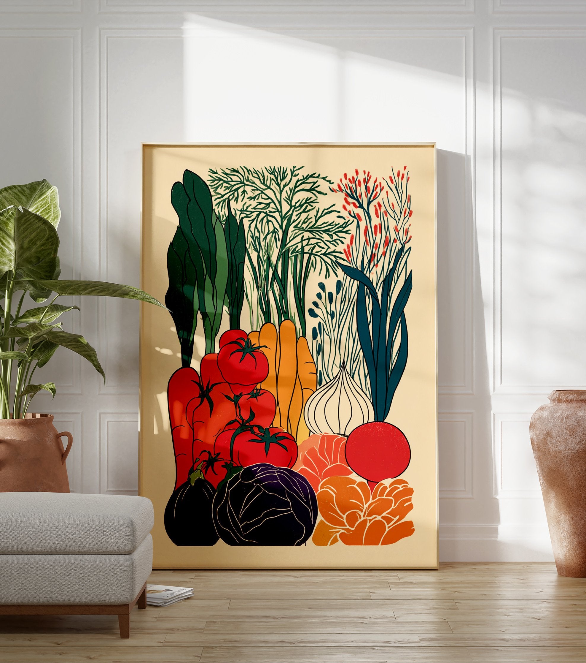 Colorful vegetable poster illustration featuring carrots, tomatoes, cabbage, eggplant, onion, and leafy greens in a vibrant garden scene. - Image 3