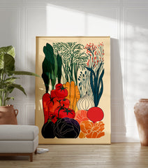 Colorful vegetable poster illustration featuring carrots, tomatoes, cabbage, eggplant, onion, and leafy greens in a vibrant garden scene. - Image 3