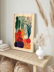 Colorful vegetable poster illustration featuring carrots, tomatoes, cabbage, eggplant, onion, and leafy greens in a vibrant garden scene. - Image 4