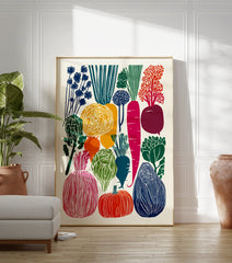 Colorful illustrated vegetable poster featuring various produce like carrots, beets, squash, and leafy greens in a block print style. - Image 3