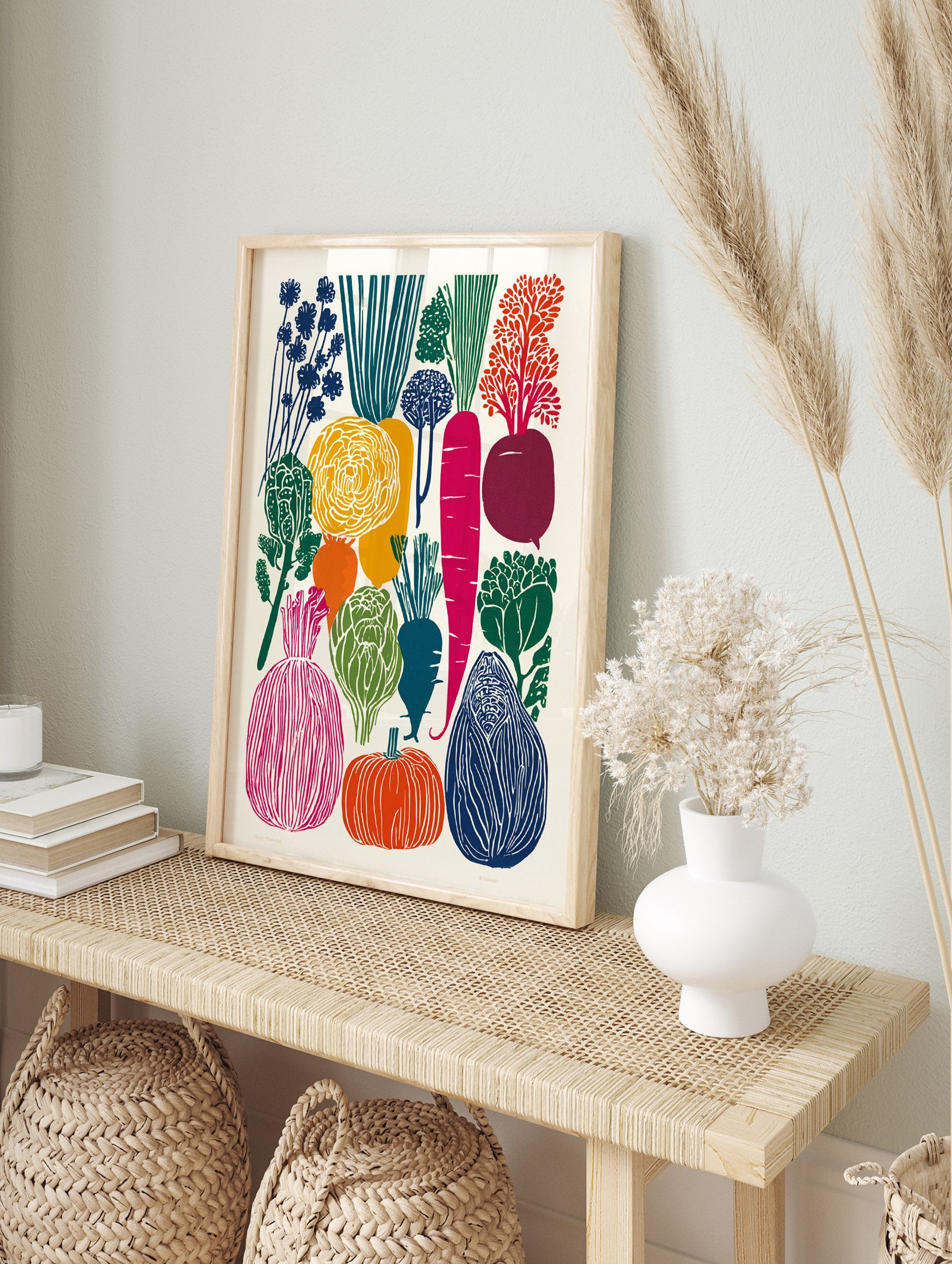 Colorful illustrated vegetable poster featuring various produce like carrots, beets, squash, and leafy greens in a block print style. - Image 4