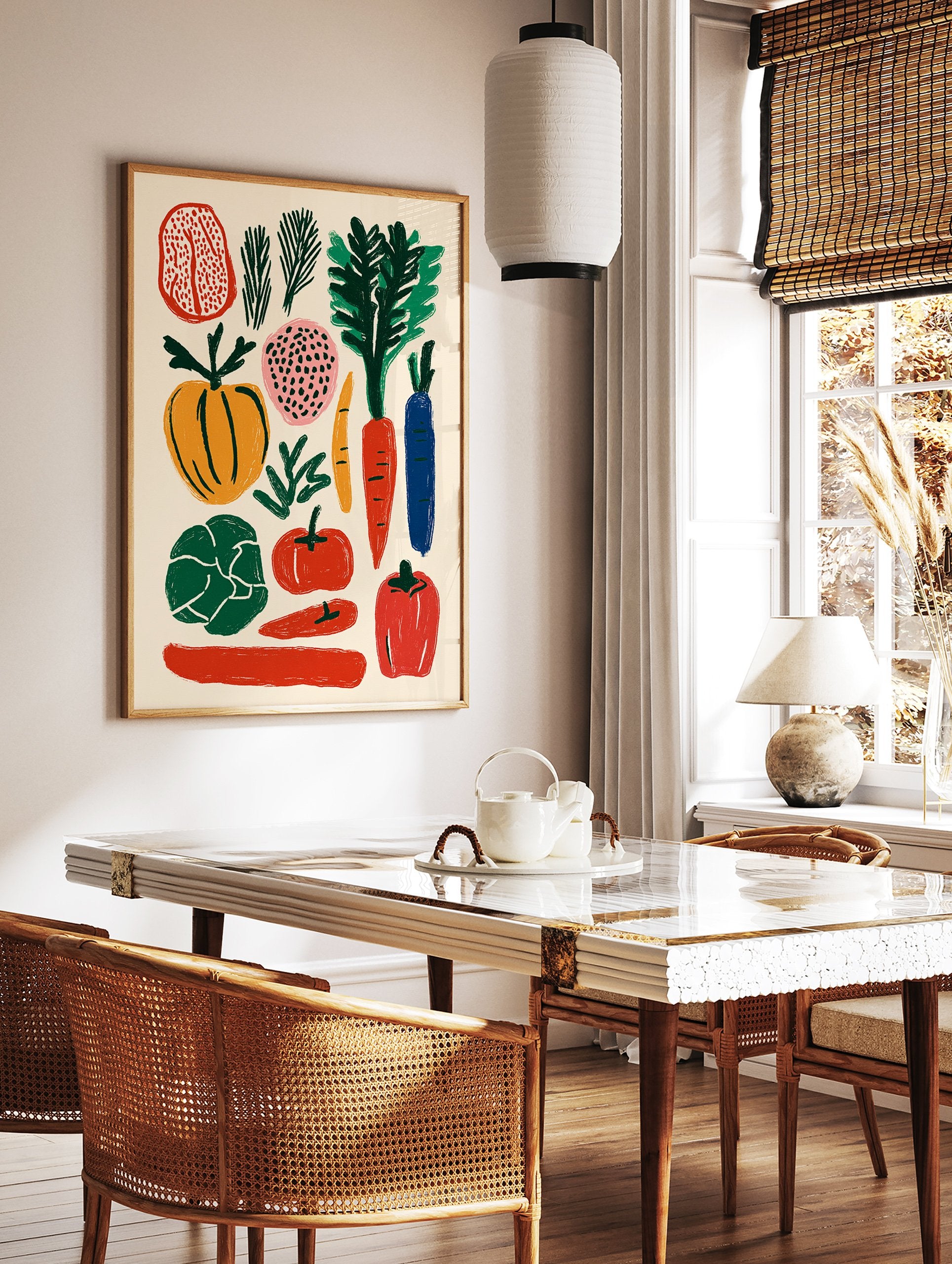 Colorful vegetable poster featuring stylized illustrations of a pumpkin, carrots, bell pepper, tomato, and leafy greens on a light background. - Image 2