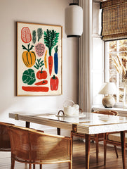 Colorful vegetable poster featuring stylized illustrations of a pumpkin, carrots, bell pepper, tomato, and leafy greens on a light background. - Image 2
