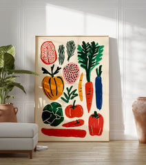 Colorful vegetable poster featuring stylized illustrations of a pumpkin, carrots, bell pepper, tomato, and leafy greens on a light background. - Image 3
