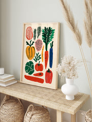 Colorful vegetable poster featuring stylized illustrations of a pumpkin, carrots, bell pepper, tomato, and leafy greens on a light background. - Image 4