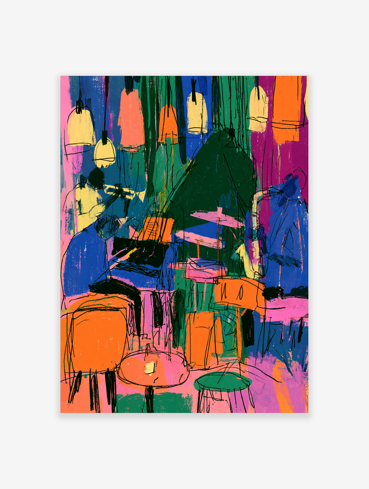 Colourful abstract bar poster with pendant lights, stools, and tables in pink, blue, and green