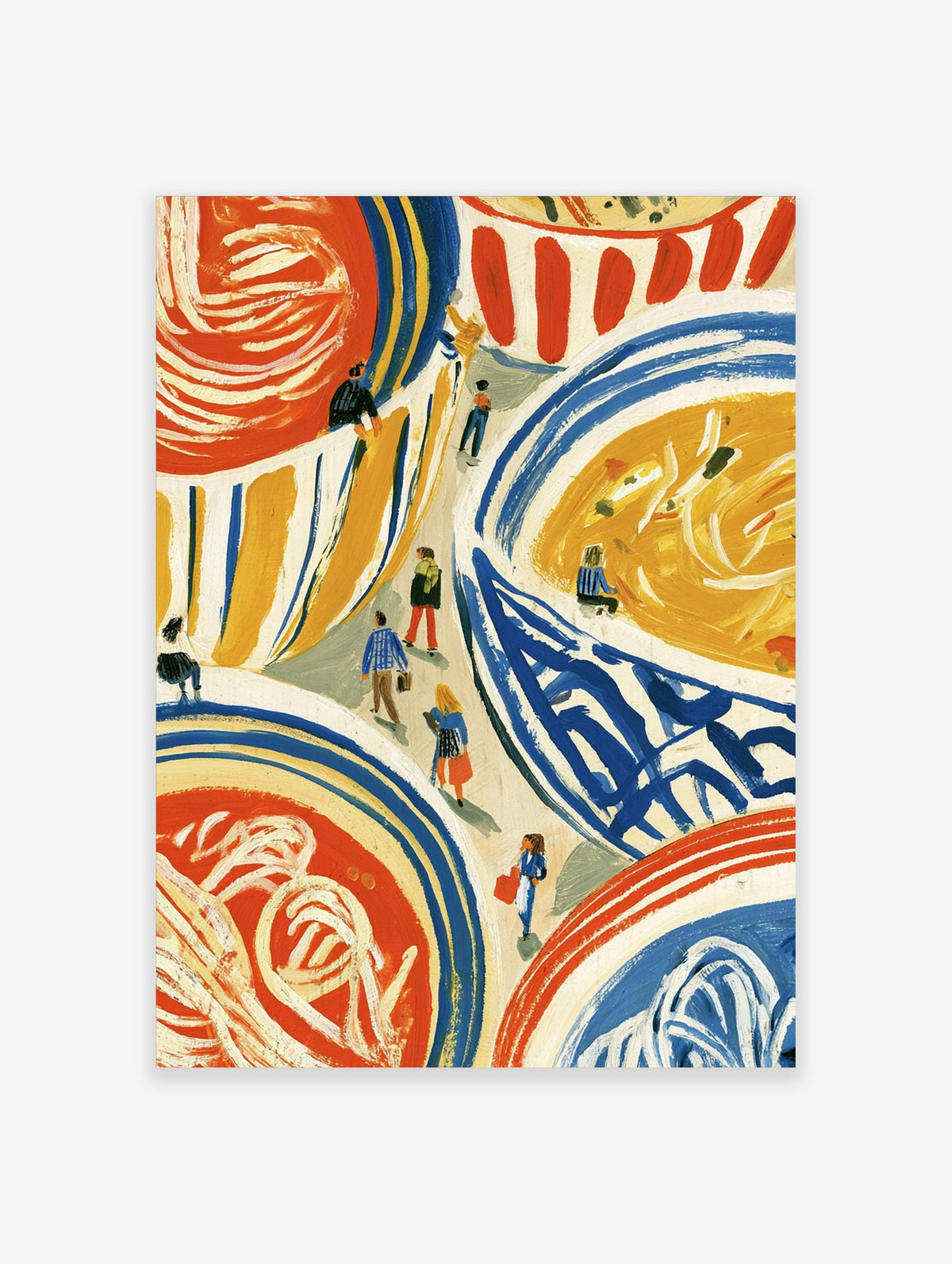 Colourful abstract crowd poster with figures walking through swirling red, blue and yellow shapes