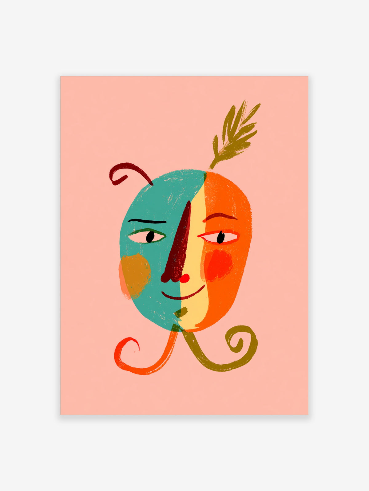Colourful abstract face poster with teal, orange, and yellow sections, dark red nose, and leafy sprig on pink background