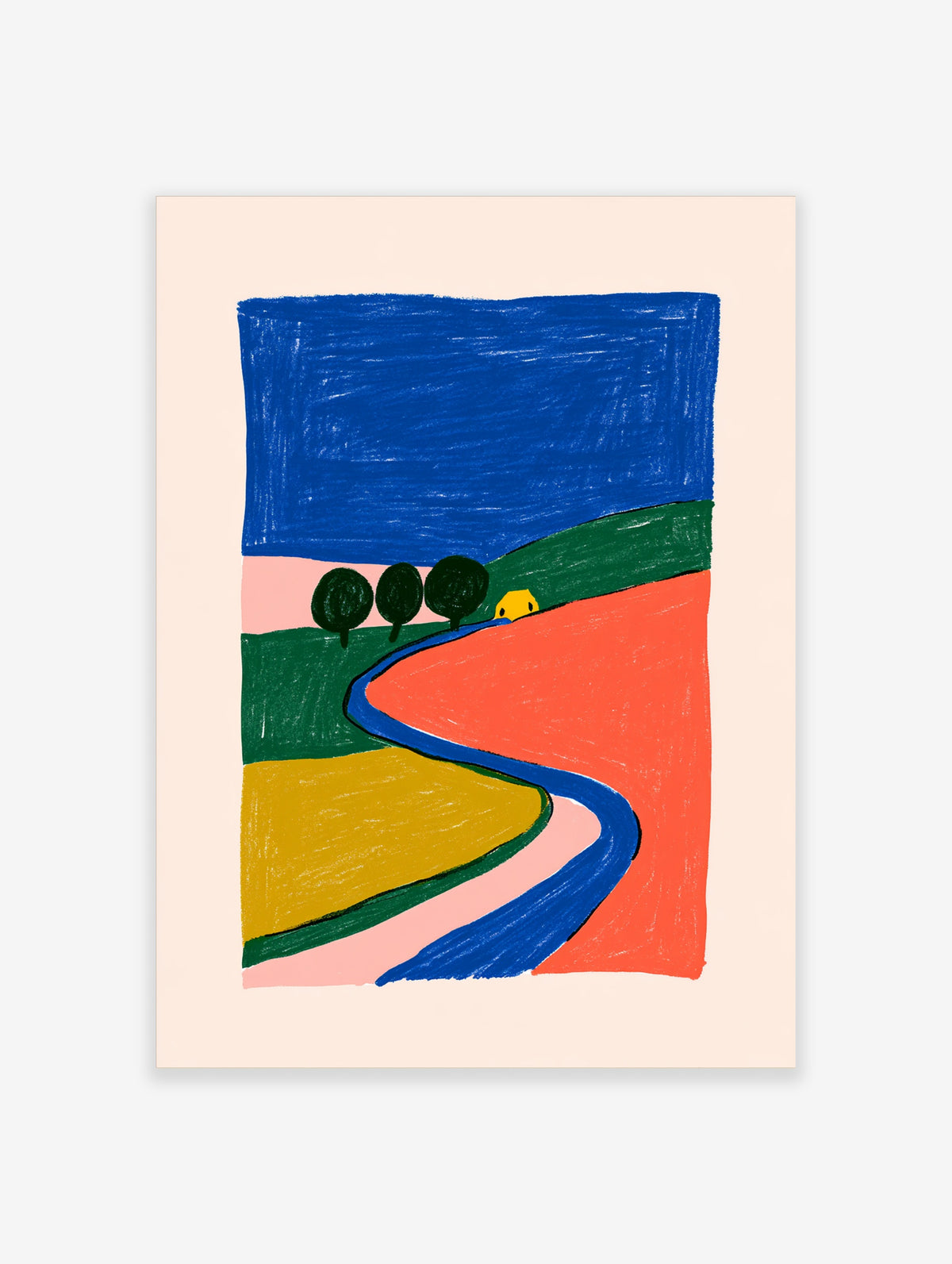 Colourful abstract landscape poster with rolling hills, blue river, trees, and yellow house