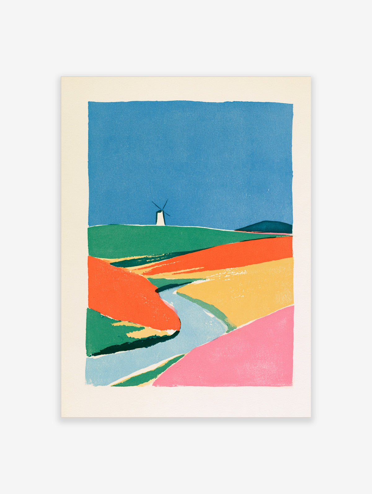 Colourful abstract landscape art print with windmill, blue river, and fields of orange and pink