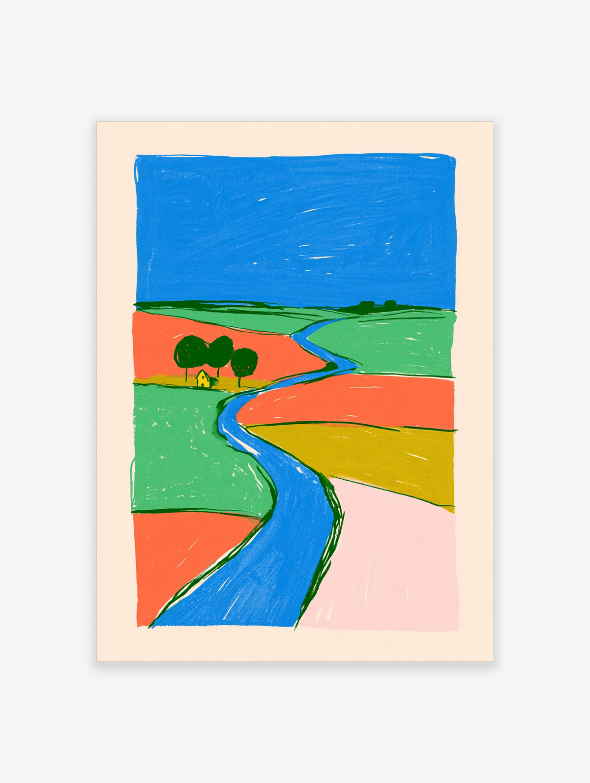 Colourful abstract landscape poster with winding blue river, green fields, orange and pink blocks, yellow house and trees