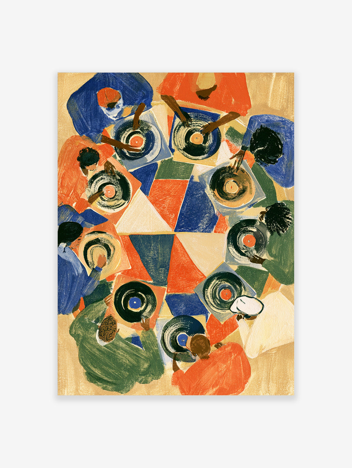 Colourful abstract poster of figures dining around patterned plates in blue, orange and green