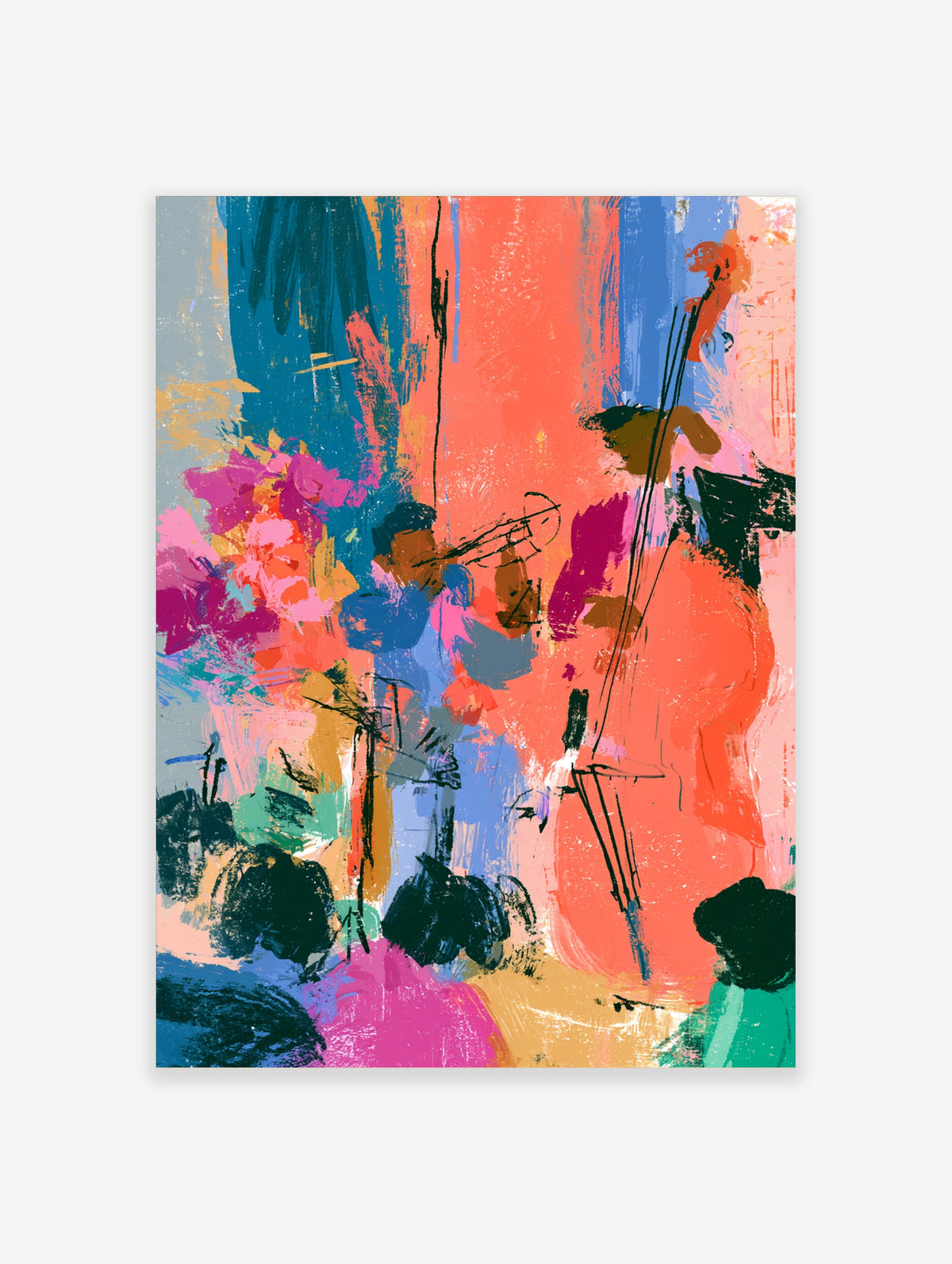 Colourful abstract art print with coral, teal, and magenta brushstrokes and black gestural lines