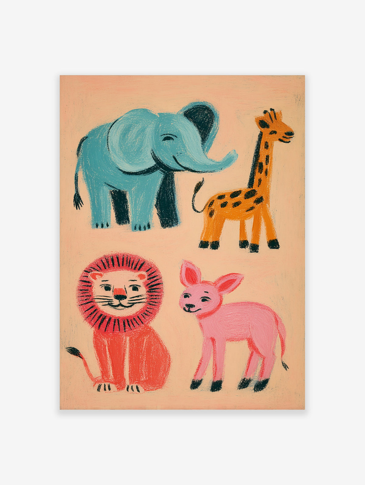 Colourful animal poster with blue elephant, orange giraffe, red lion and pink kangaroo on peach background