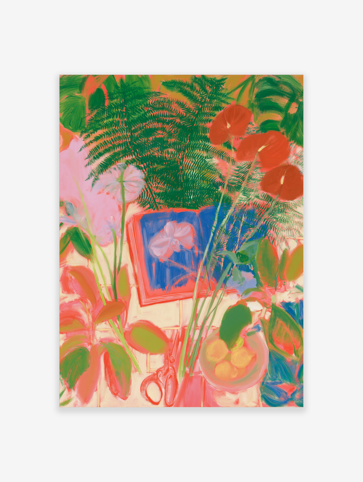 Colourful still life art print with red anthuriums, green ferns, blue book, scissors, and lemons