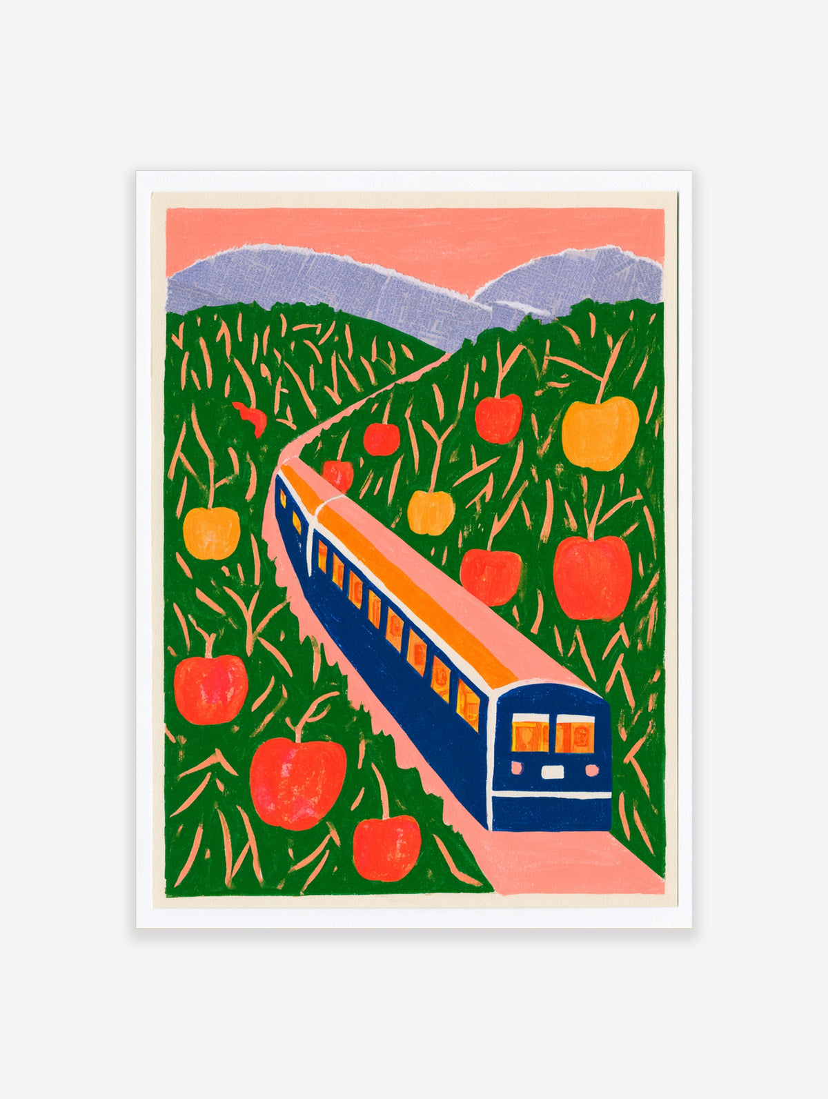 Colourful apple orchard train print with blue and orange train, red and yellow apples, green trees, purple hills, pink sky