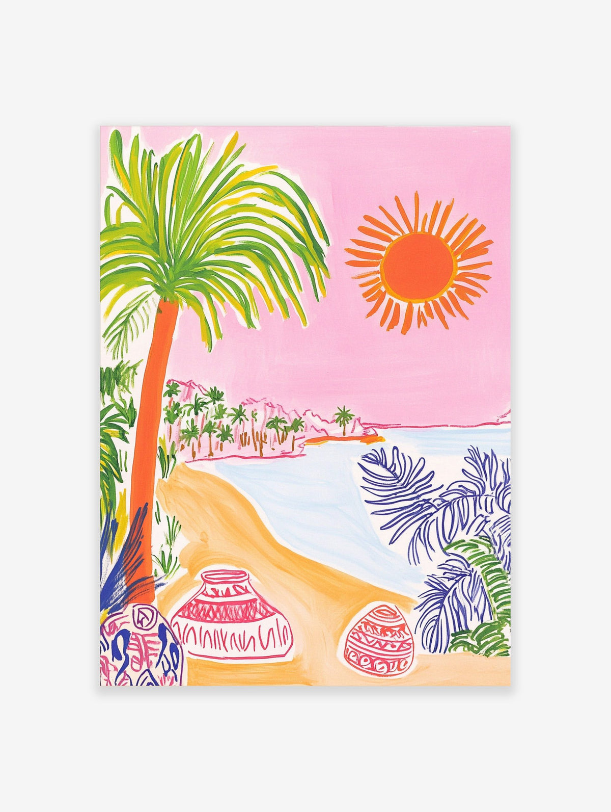 Colourful illustrative beach scene with palm tree, orange sun, sandy shore, ocean, and decorative pots