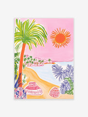 Colourful illustrative beach scene with palm tree, orange sun, sandy shore, ocean, and decorative pots