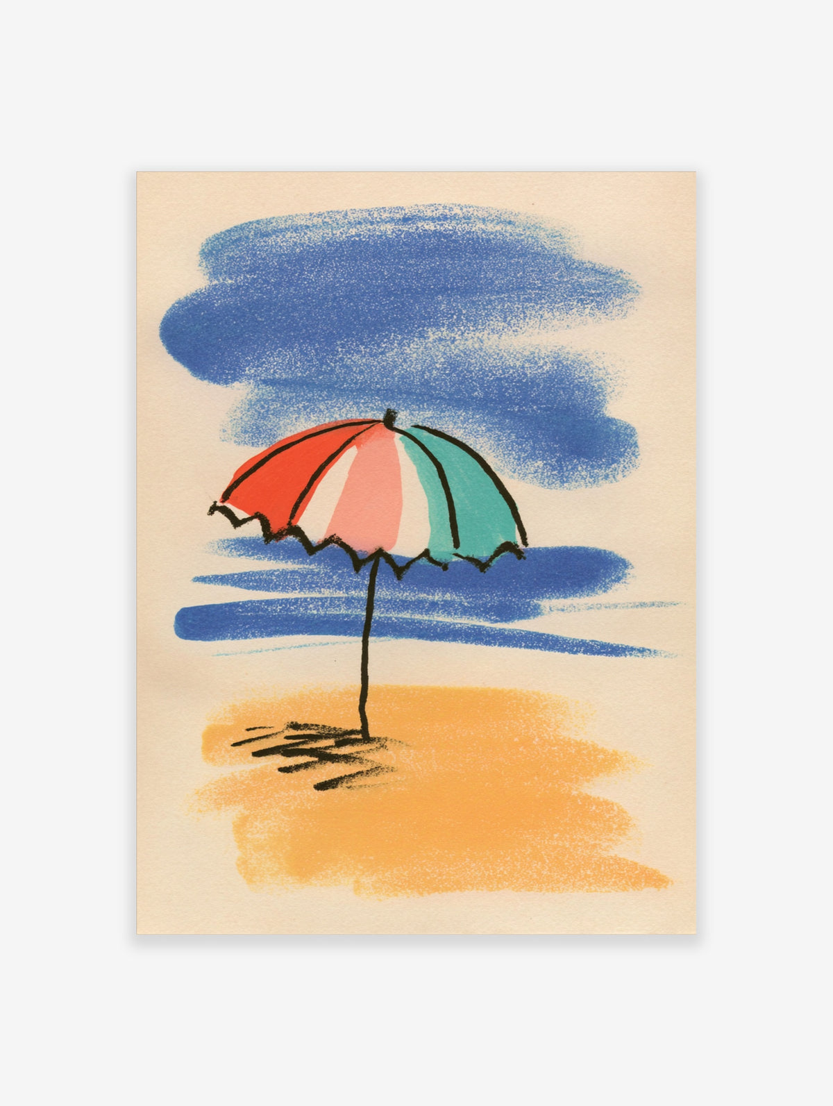 Colourful beach umbrella poster with red, pink, teal and white canopy on golden sand and blue sky
