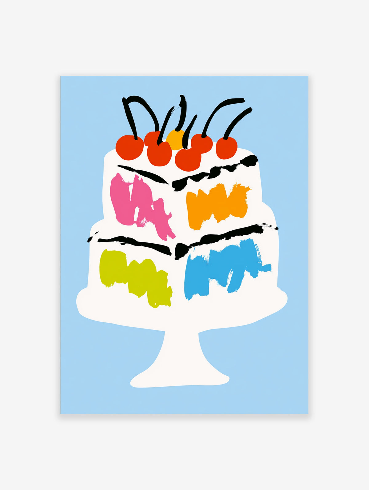 Colourful birthday cake poster with cherries and pink, orange, blue, green brushstrokes on light blue background