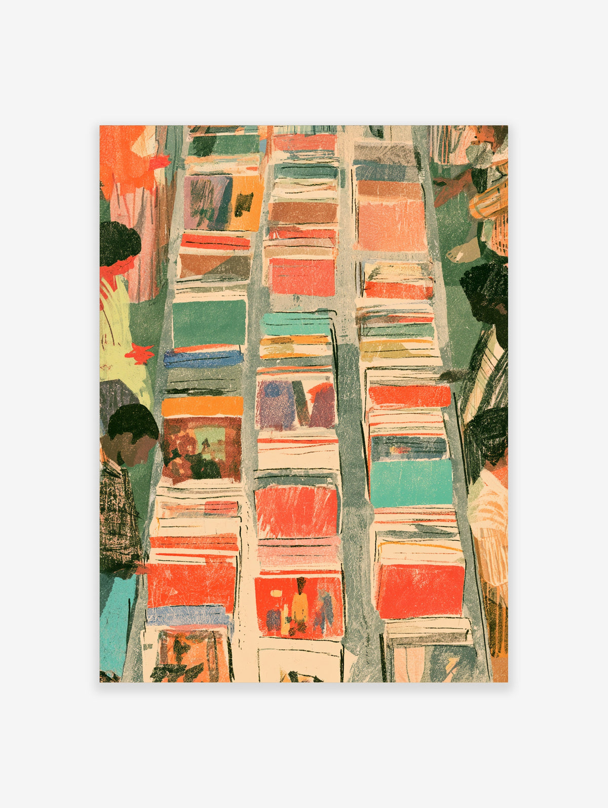 Colourful book market poster with stacked books and browsing figures in red, teal, and orange