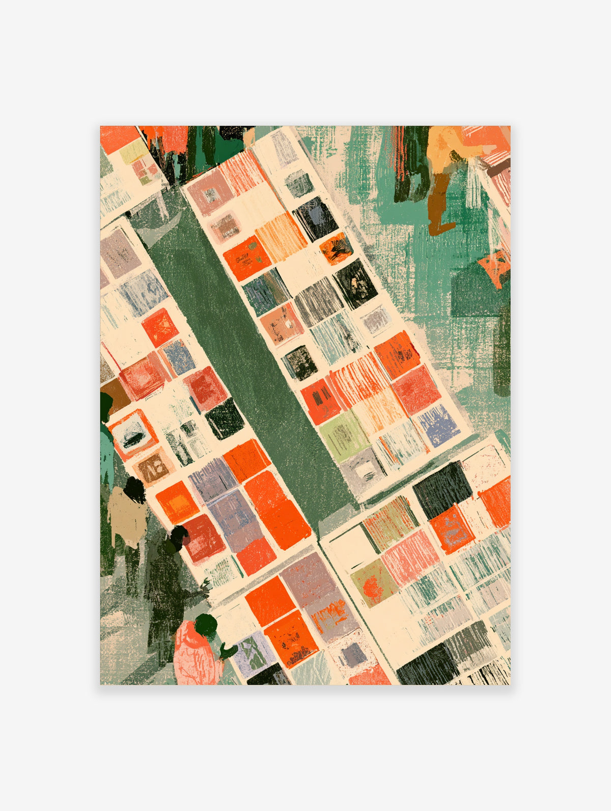 Illustrated book market poster with top-down view of colourful stalls and browsing figures