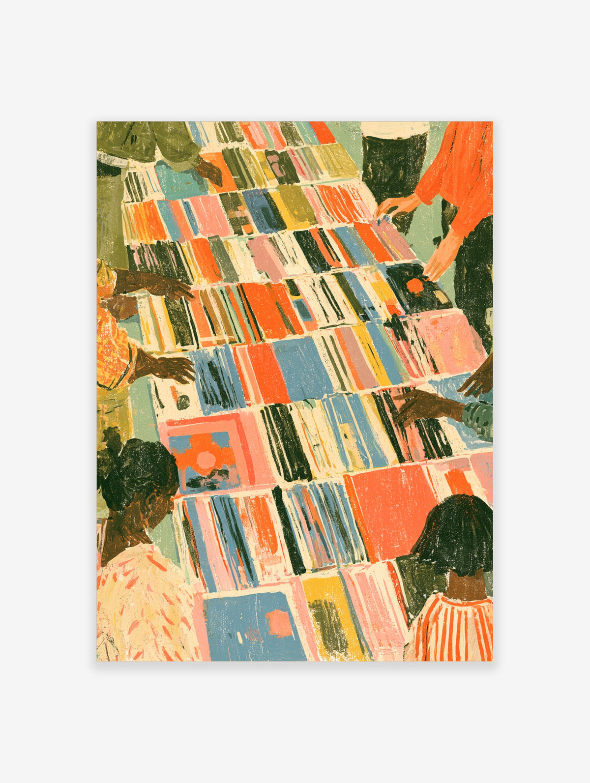 Colourful book market poster showing hands browsing rows of striped books in pink, blue, and orange