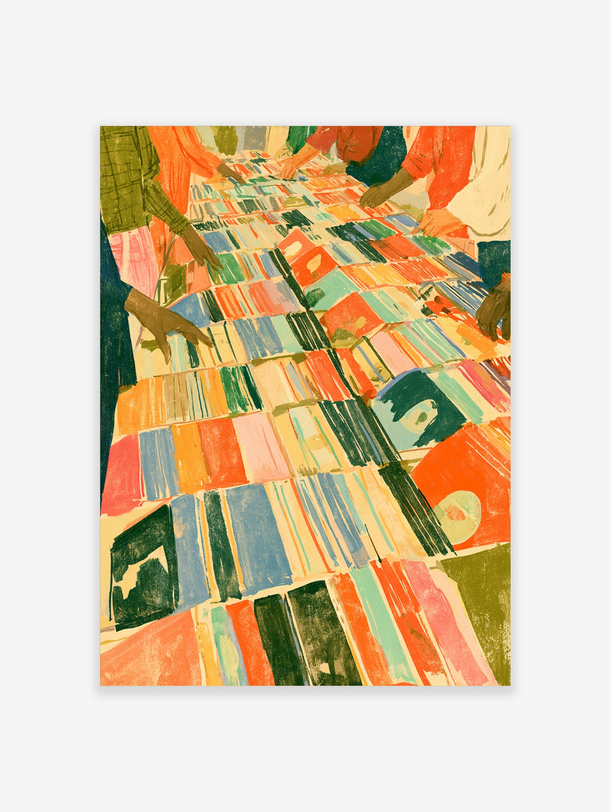Colourful book market poster with hands reaching over painted books in orange, blue and green
