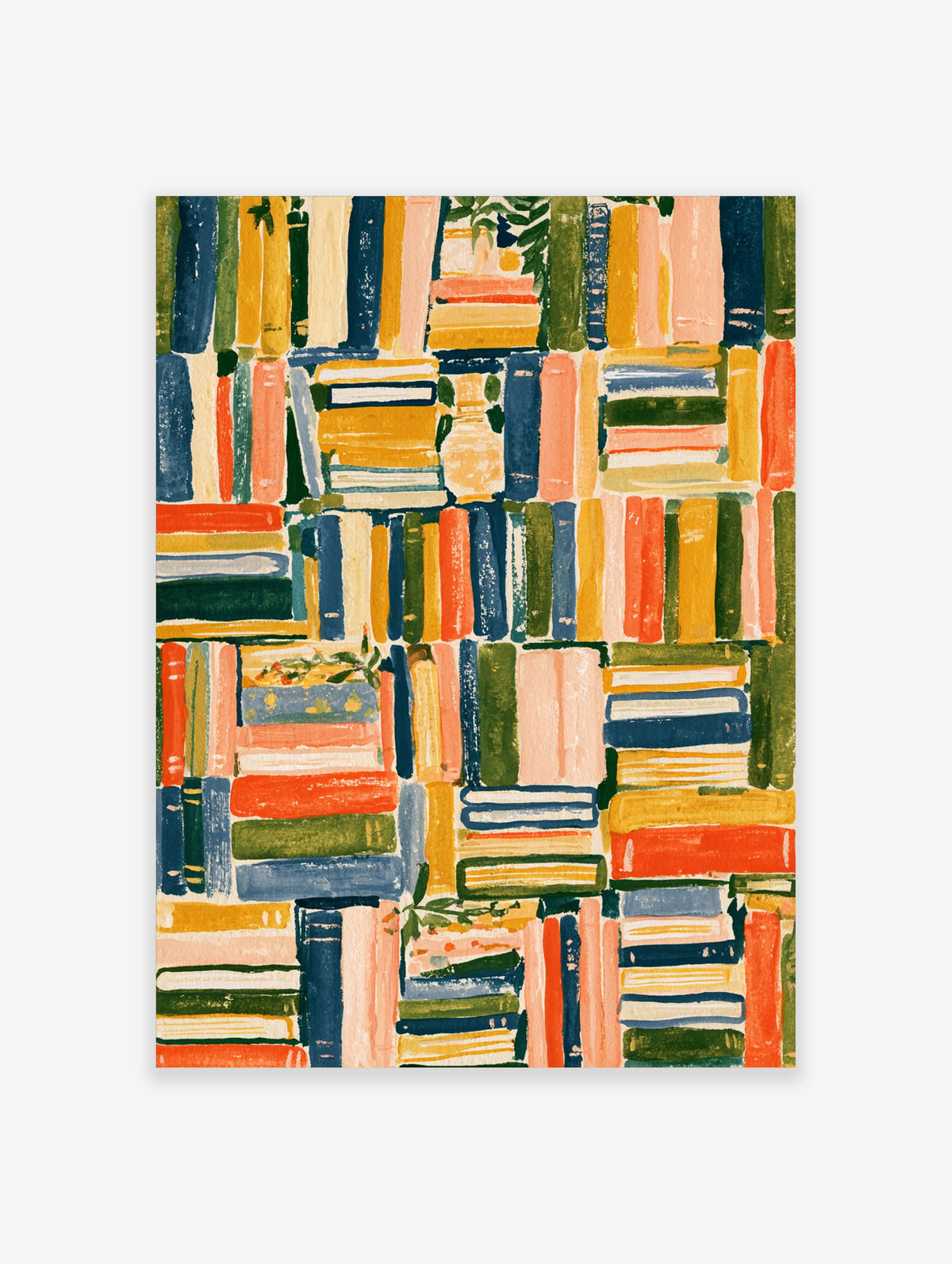 Colourful books wall art print with stacked and upright book spines in blue, orange, pink and green