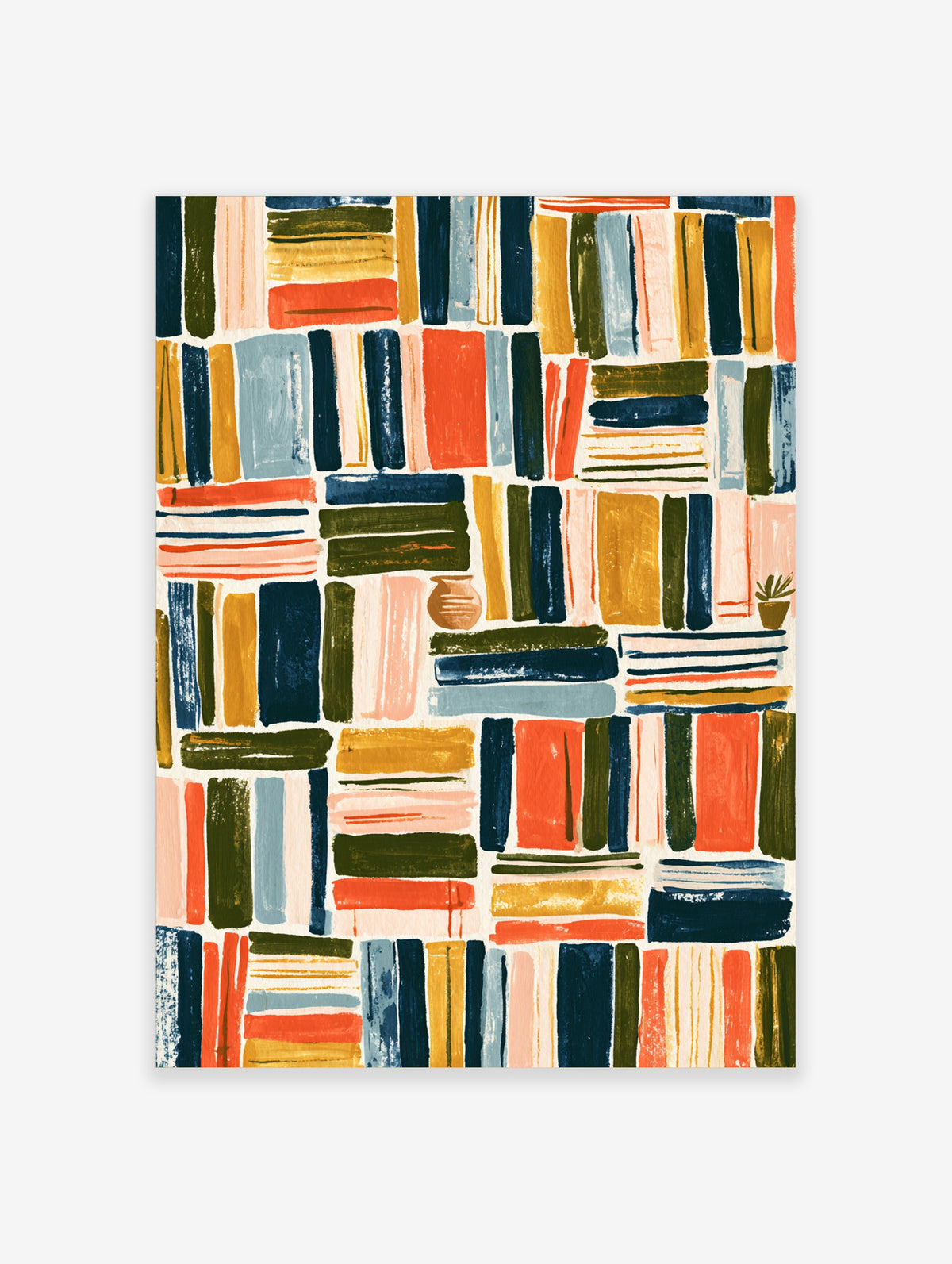 Colourful bookshelf art print with painted book spines, vase, and potted plant