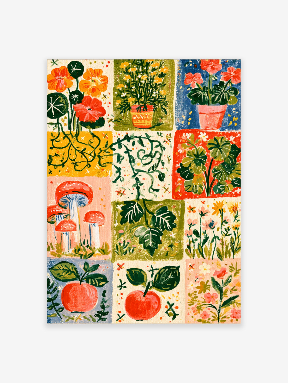 Colourful botanical poster with nine panels of flowers, mushrooms, vines and fruit in red, green and orange