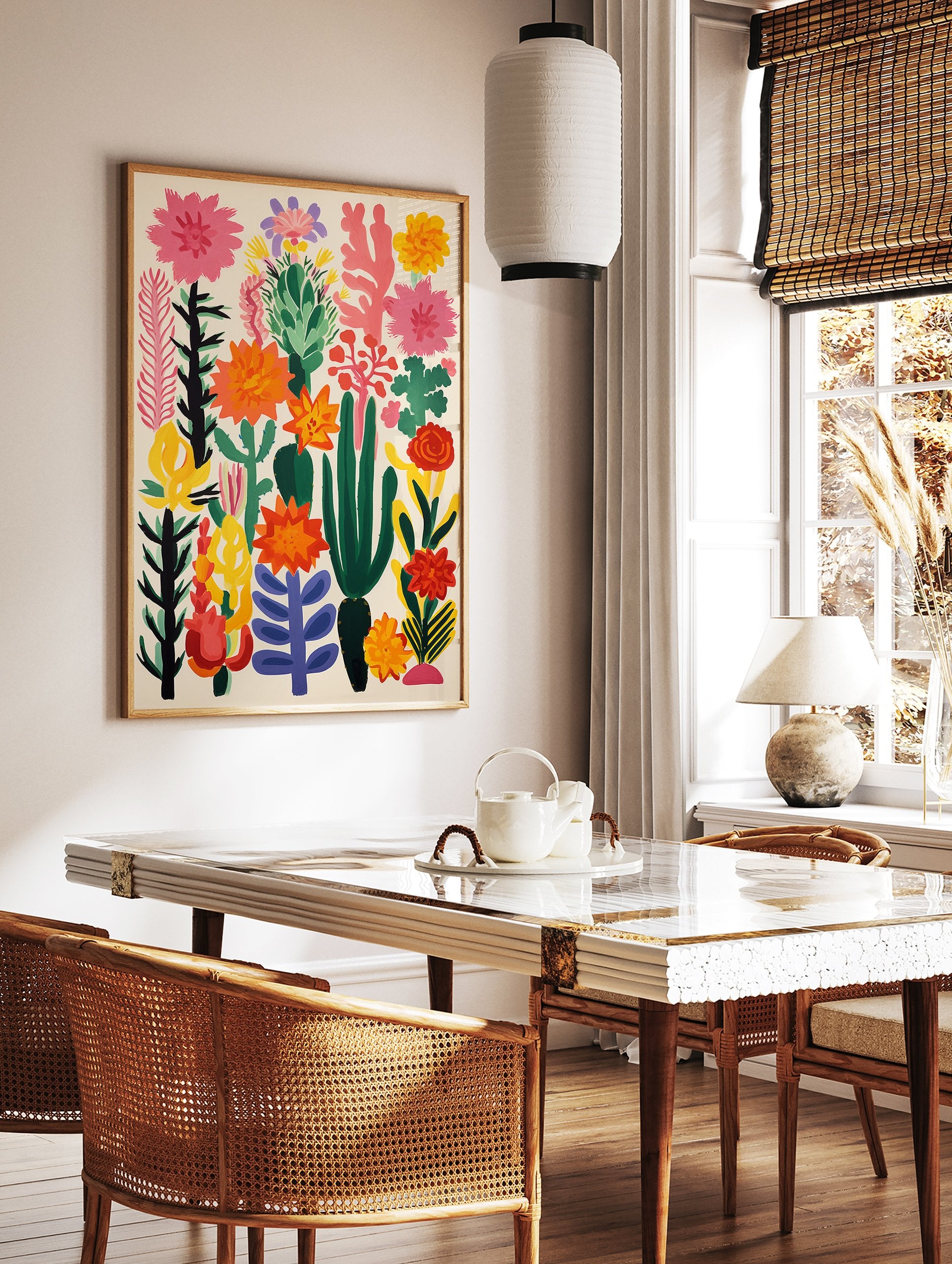 Vibrant botanical poster featuring an abstract arrangement of pink, orange, yellow, and green flowers and cacti on a light background. - Image 2
