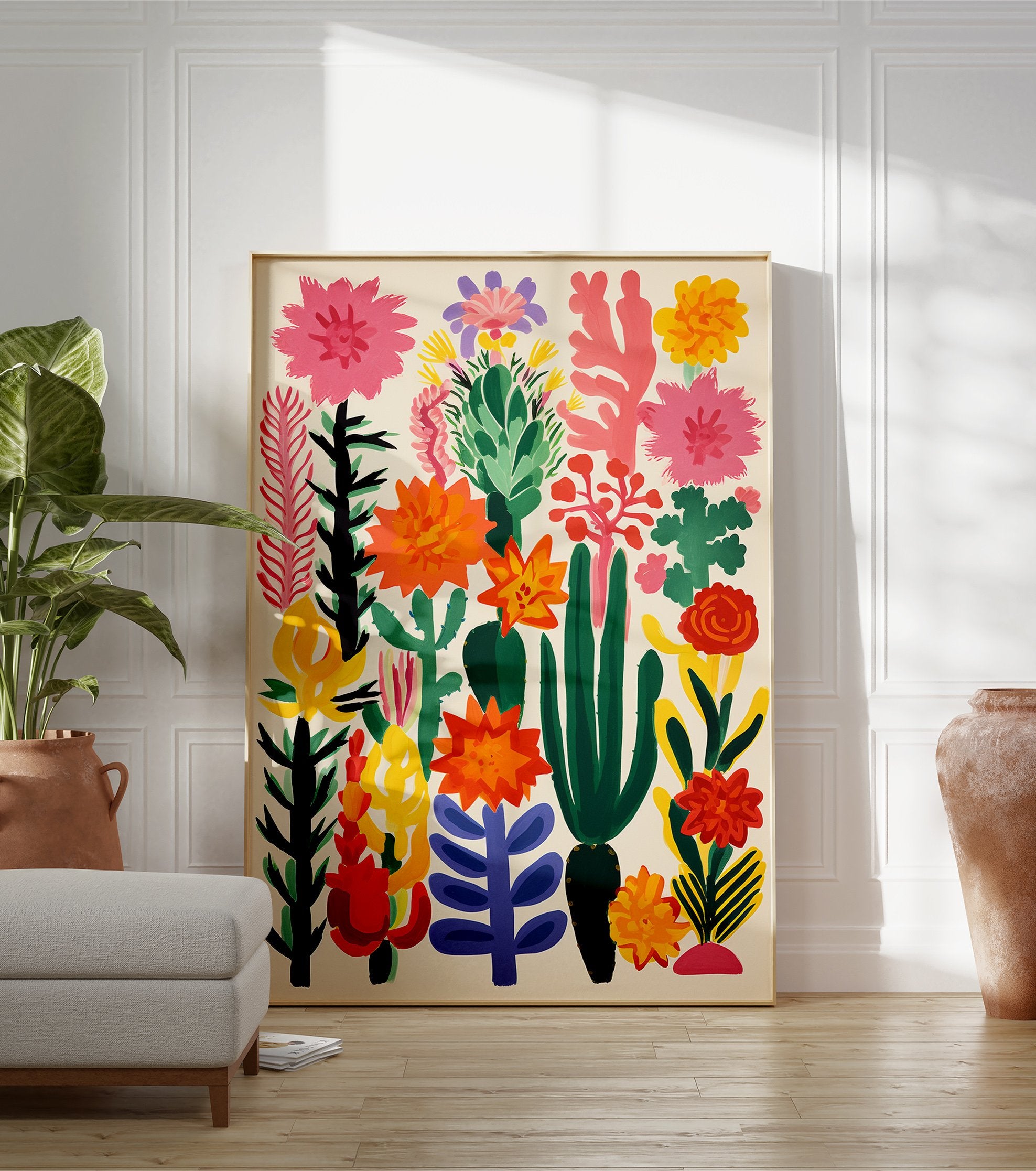 Vibrant botanical poster featuring an abstract arrangement of pink, orange, yellow, and green flowers and cacti on a light background. - Image 3