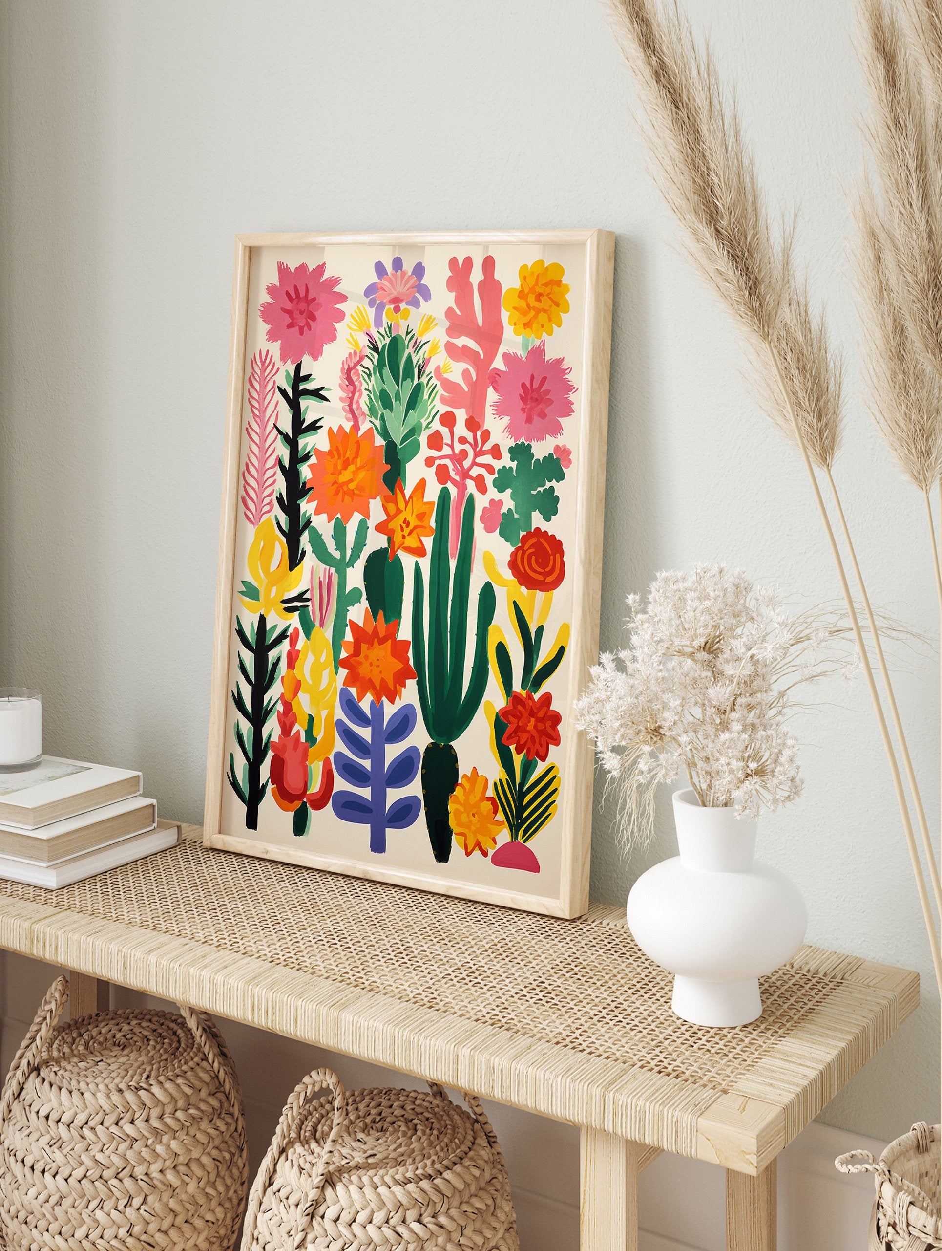 Vibrant botanical poster featuring an abstract arrangement of pink, orange, yellow, and green flowers and cacti on a light background. - Image 4