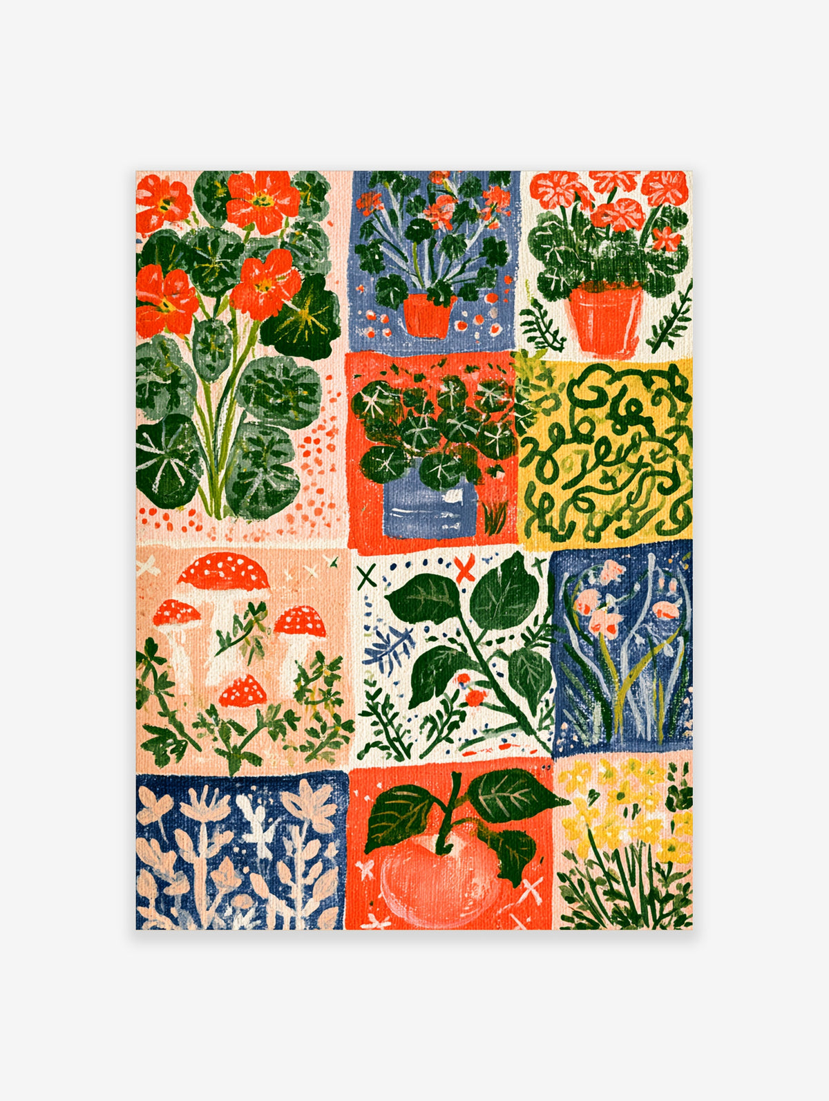 Colourful botanical poster grid with potted geraniums, nasturtiums, red mushrooms, and abstract foliage