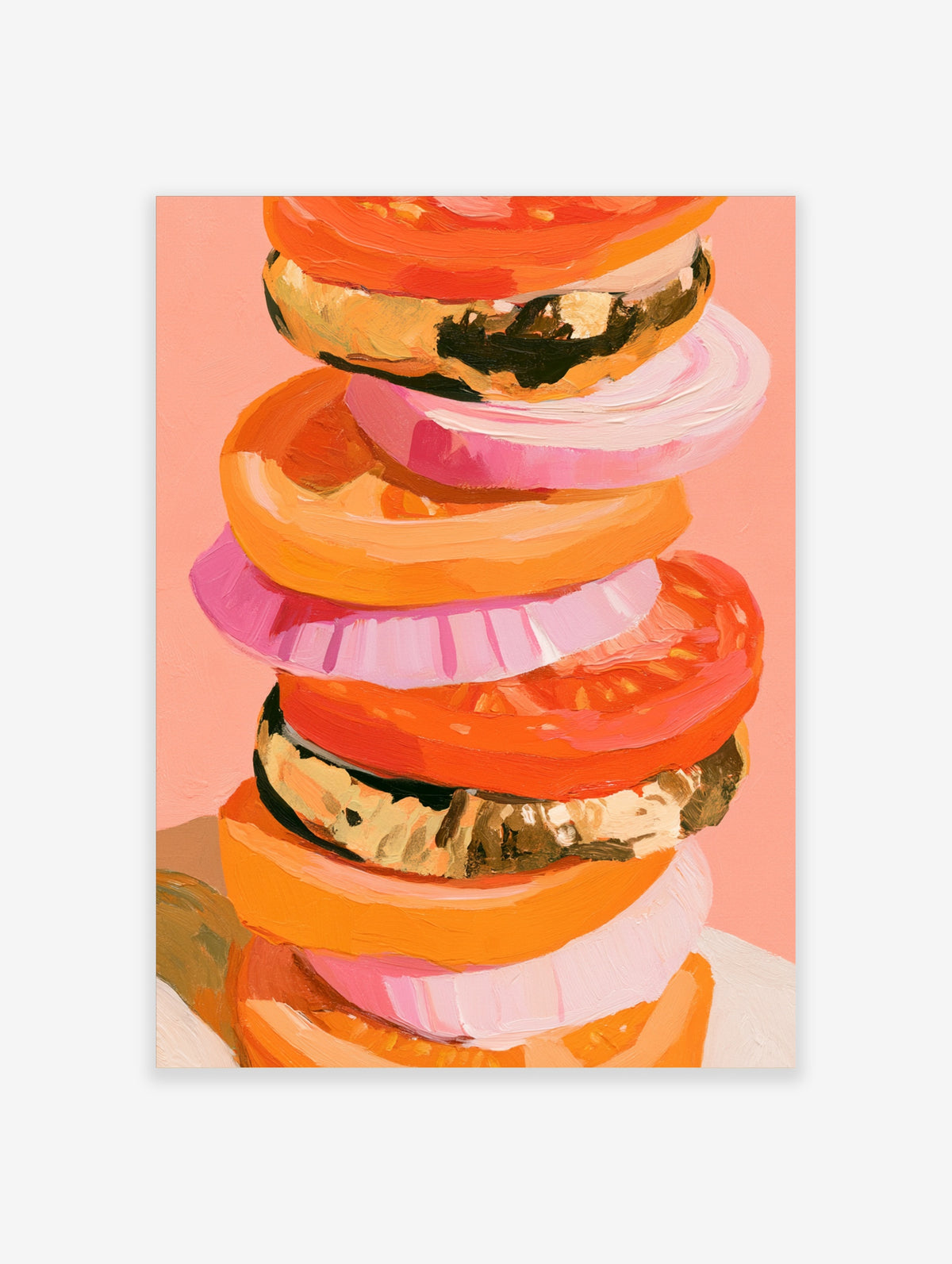 Colourful burger stack poster with thick painted layers of orange, pink and red on a pink background