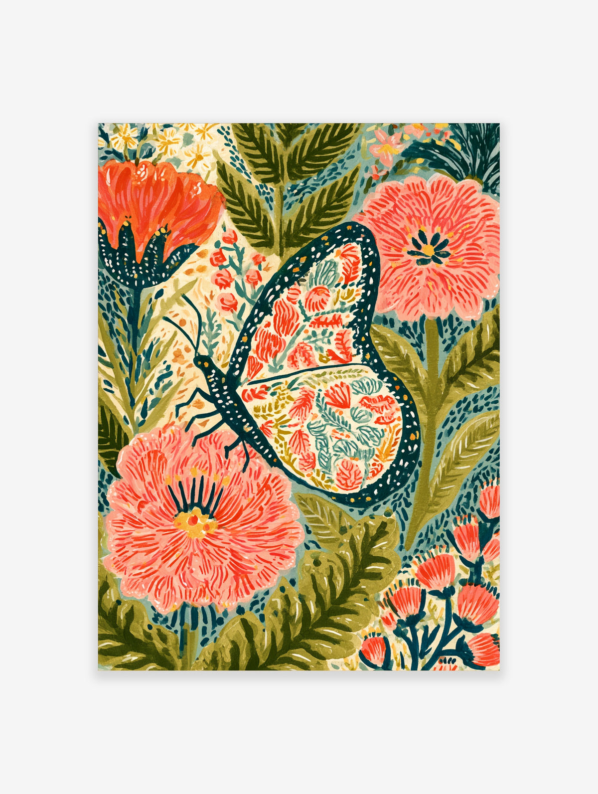 Colourful butterfly and floral botanical illustration art print with pink flowers and green leaves