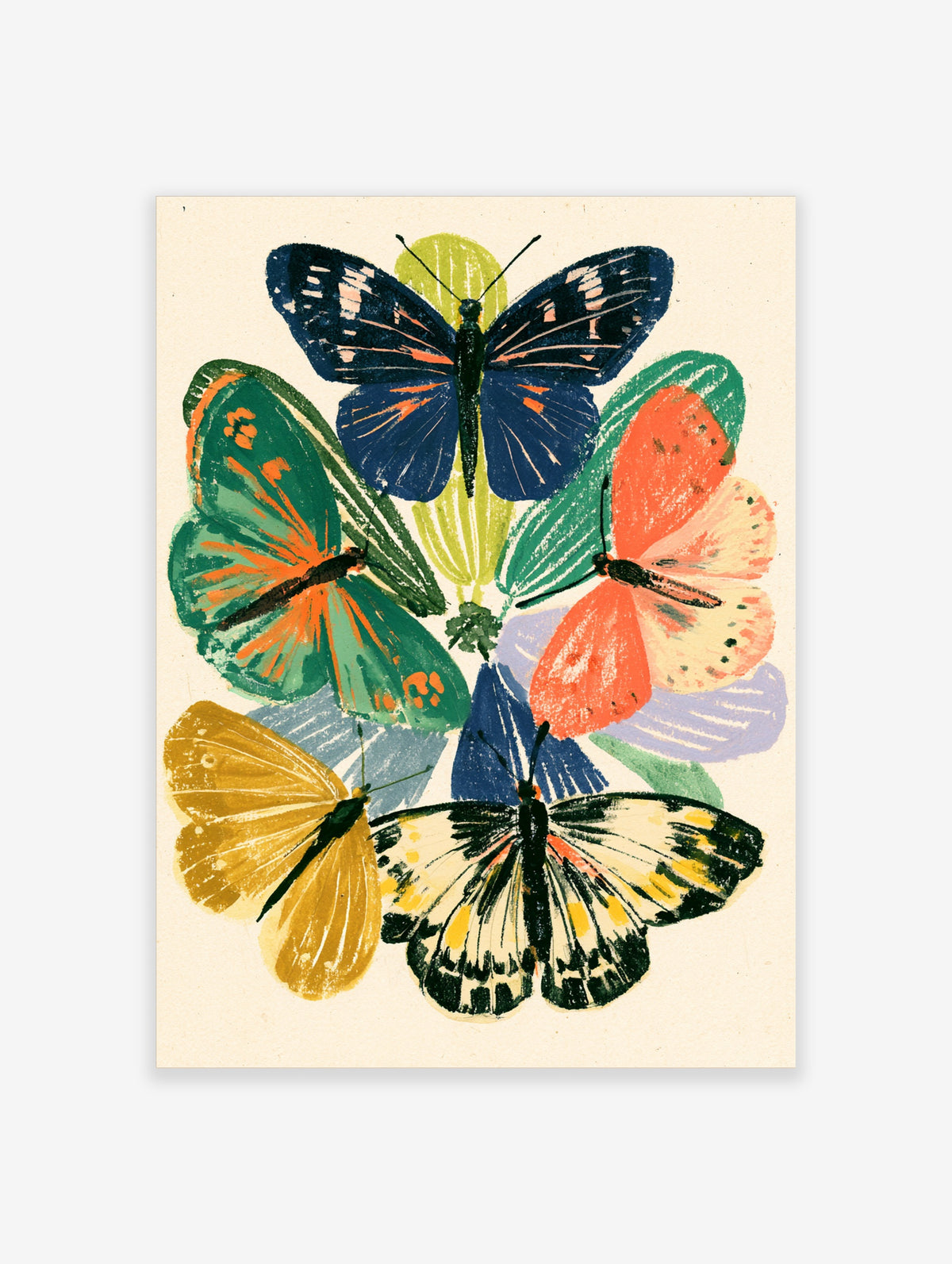 Colourful butterfly art print with five painted insects in navy, green, orange, yellow and cream on a pale background