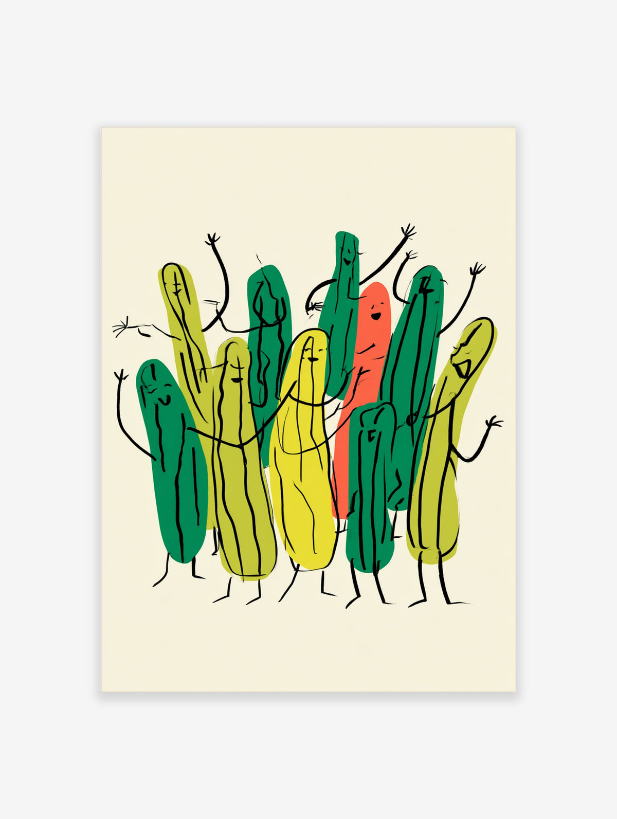 Colourful cactus characters dancing in green, yellow, and coral with black line details on a cream background