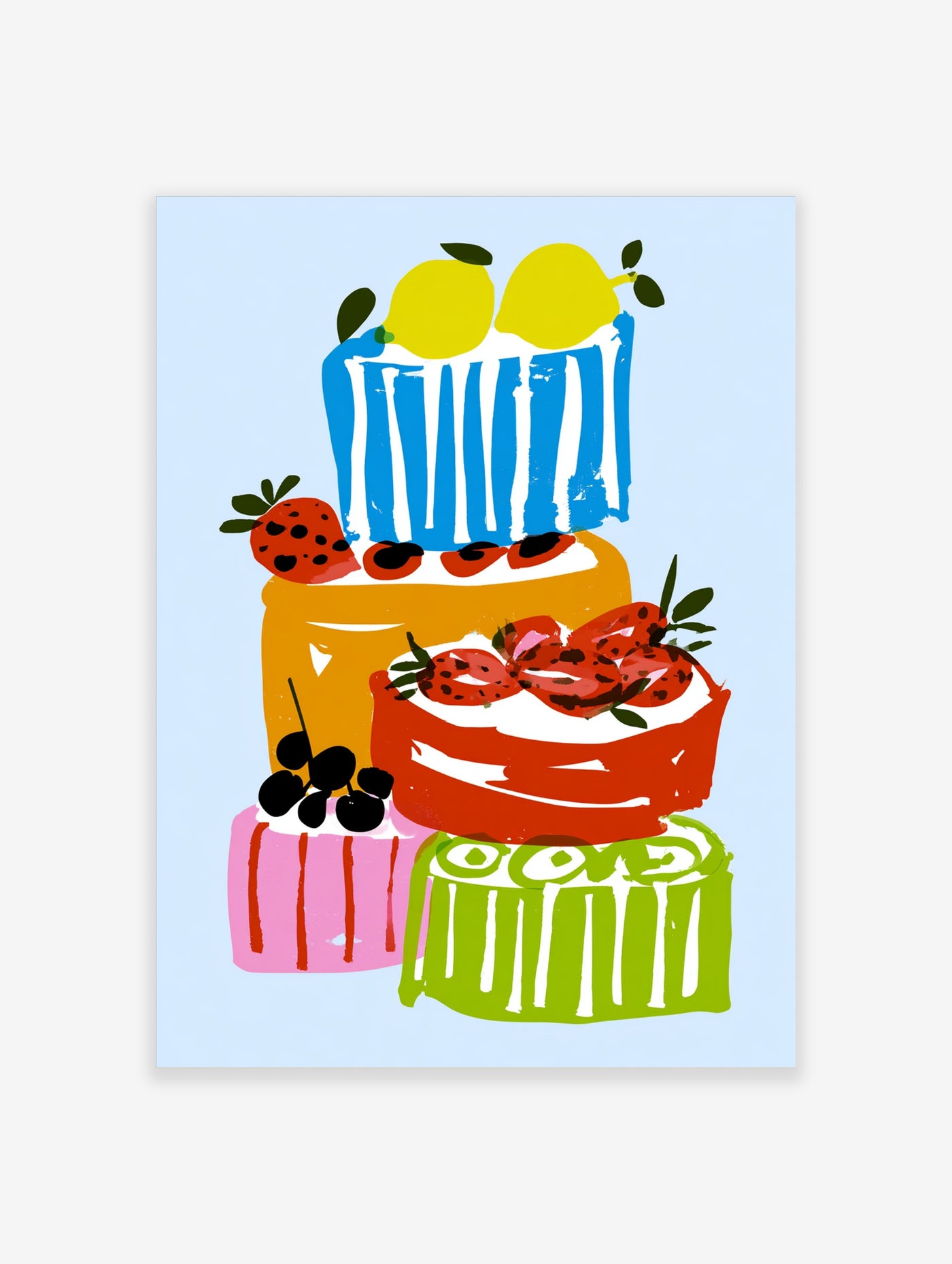 Illustrative stack of colourful cakes with strawberries, berries, and lemons on a light blue background wall art print