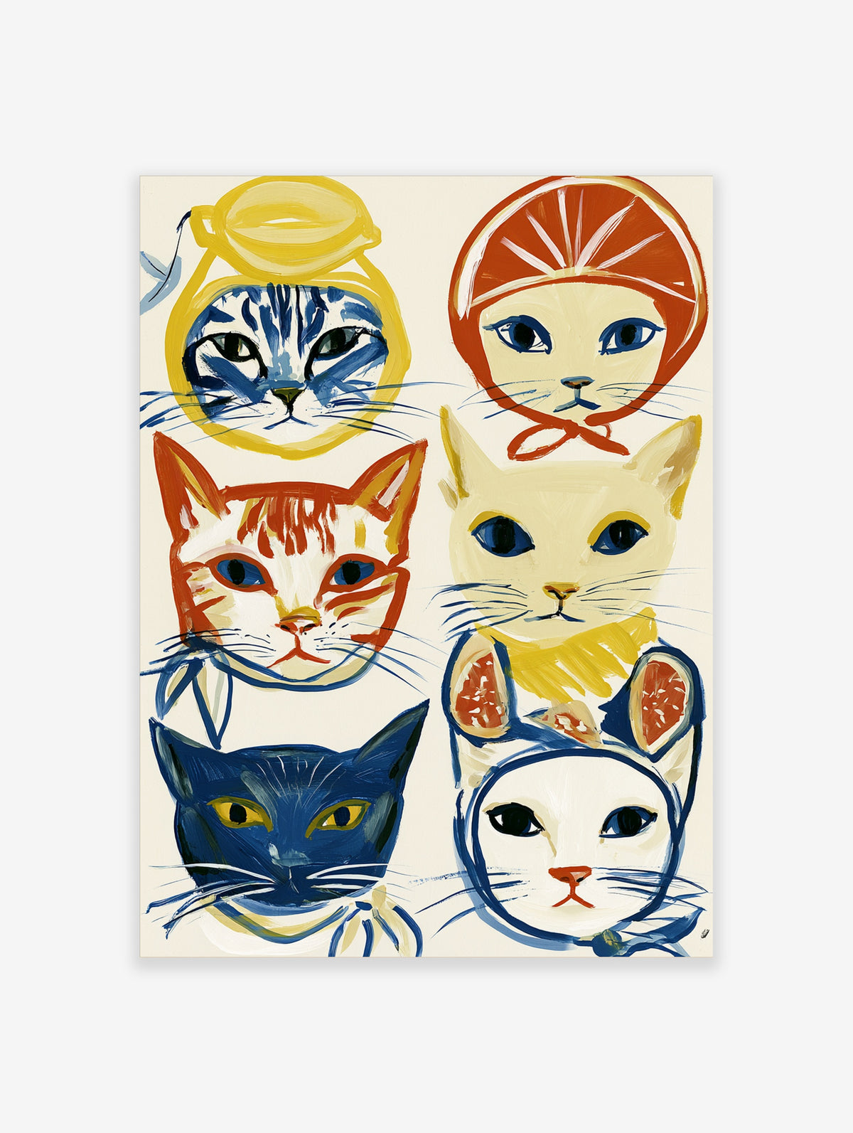 Colourful cat portrait poster with six stylised feline faces in blue, yellow, red and cream on white background