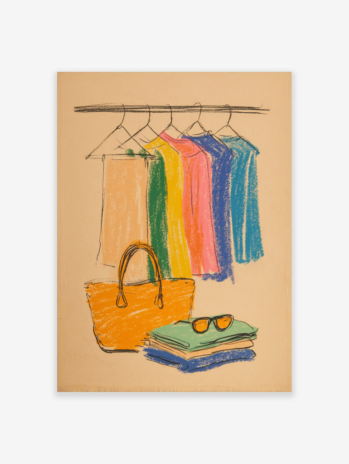 Colourful clothes on rail with orange bag and folded stack fashion illustration poster