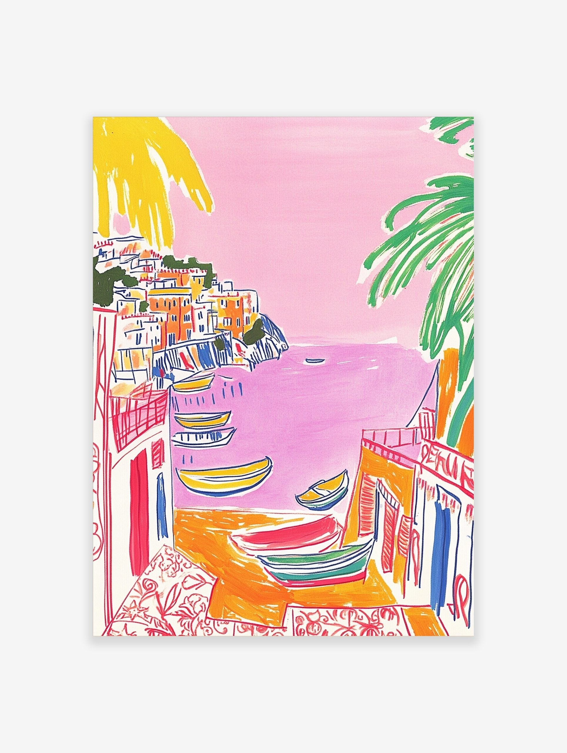 Illustrative print of a colourful coastal town with pink sea, yellow boats, and green palm trees